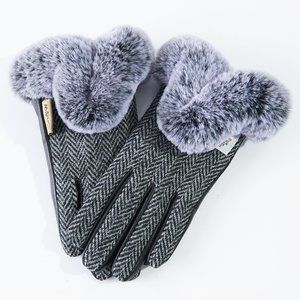 New Genuine Harris Tweed and Leather Glove Faux Fur Gray Black Herringbone